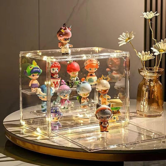 BOHOIDEE 3 Tiers Clear Display Case with Lights, Acrylic Storage Organizers Box with Magnetic Door, Acrylic Dustproof Showcase for Collectibles Action Figure - size: Tabletop Medium+Light