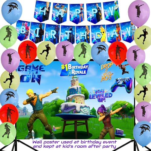 Gaming Party Supplies Birthday Decoration Set 142 Pack - Balloons, Toppers, Bottle Stickers Labels, Wall Poster, Banner Video Game Themed And Much More