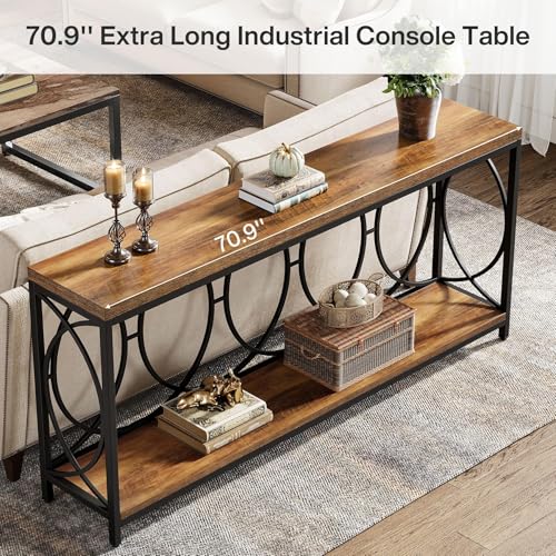 Tribesigns 70.9-Inch Extra Long Console Table, 2-Tier Industrial Table Behind Couch with Storage Shelf, Narrow Entryway Console for Living Room, Entryway, Hallway, Rustic Brown