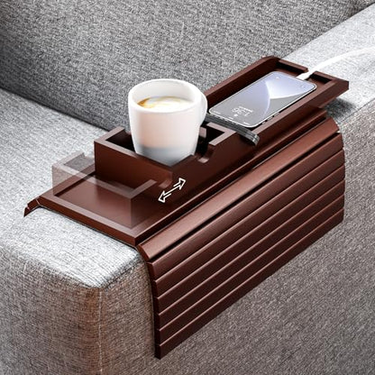 Bestjing Bamboo Couch Armrest Table, Sofa Arm Tray with Detachable Couch Cup Holder- 2 in 1 Anti-Slip Foldable Sofa Armchair Caddy Table for Drinks Cellphone TV Remote Snacks (Walnut) - color: Walnut, size: 16.3" x 13.3" x 2"