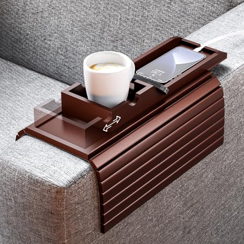 Bestjing Bamboo Couch Armrest Table, Sofa Arm Tray with Detachable Couch Cup Holder- 2 in 1 Anti-Slip Foldable Sofa Armchair Caddy Table for Drinks Cellphone TV Remote Snacks (Walnut) - color: Walnut, size: 16.3" x 13.3" x 2"