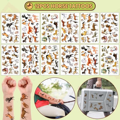 SNLN 12Sets Horse Party Favors Birthday Supplies Boy Girl Kid, Drawstring Bag Silicone Bracelet Tattoo Sticker Keychain Horse Themed Pinata Filler Cowboy Cowgirl Rodeo Western Party Favors Supplies - style: Horse