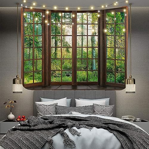 Aidatain Green Forest Natural Tapestry Window Scenery Wall Aesthetic Tapestry for Bedroom Flannel 80" L X 60" W Beach Blanket Living Dinning Room College Dorm Wall Hanging GTDJAT0052 - size: 80"L x 60"W