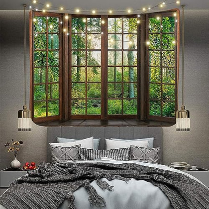 Aidatain Green Forest Natural Tapestry Window Scenery Wall Aesthetic Tapestry for Bedroom Flannel 80" L X 60" W Beach Blanket Living Dinning Room College Dorm Wall Hanging GTDJAT0052 - size: 80"L x 60"W