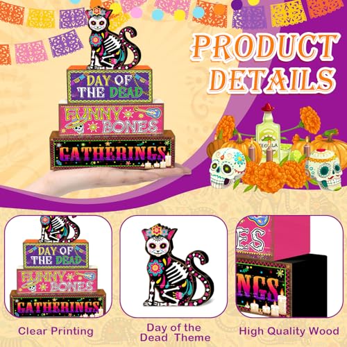 Britimes 4 Pcs Day of the Dead Table Decor Halloween Cat Tiered Tray Decorations Set Funny Bones Stack Block Signs Gift Rustic Farmhouse Tabletop Decor for Table & Home Office - style: Day of The Dead