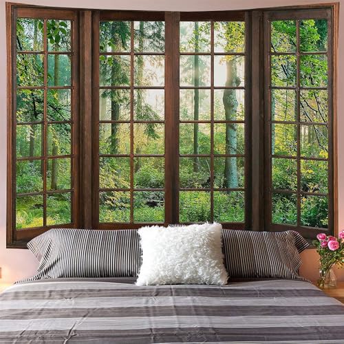 Aidatain Green Forest Natural Tapestry Window Scenery Wall Aesthetic Tapestry for Bedroom Flannel 93" L x 71" W Beach Blanket Living Dinning Room College Dorm Wall Hanging GTDJAT0093 - size: 93"L x 71"W