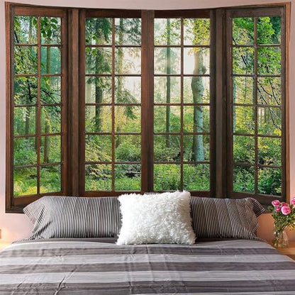 Aidatain Green Forest Natural Tapestry Window Scenery Wall Aesthetic Tapestry for Bedroom Flannel 93" L x 71" W Beach Blanket Living Dinning Room College Dorm Wall Hanging GTDJAT0093 - size: 93"L x 71"W
