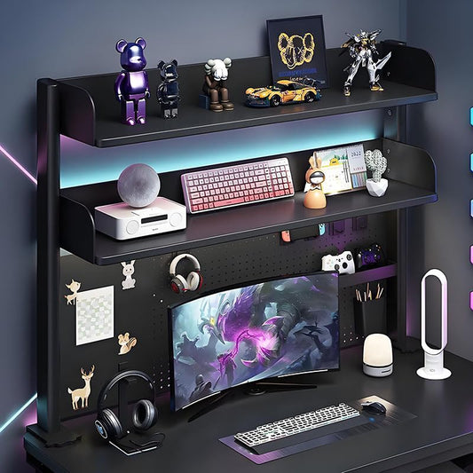 CHSSIH Clamp On Desk Pegboard Shelf - Metal Desktop Organizer Hutch with 2 Shelves for Storage and Display, Desk Add-On Shelf for Office, Dorm, or Computer Monitor Stand, Black, 23.6In - size: 23.6"