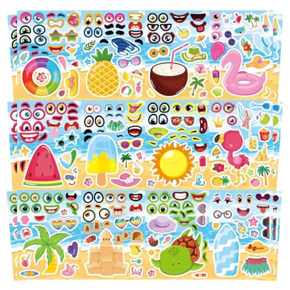 24 Sheets Summer Stickers for Kids, Make a Face Sticker Hawaii Tropical Pool Beach Stickers, Make Your Own Watermelon Pineapple Flamingo Sticker for Tropical Luau Party, Summer Holiday Party Favors - style: Summer