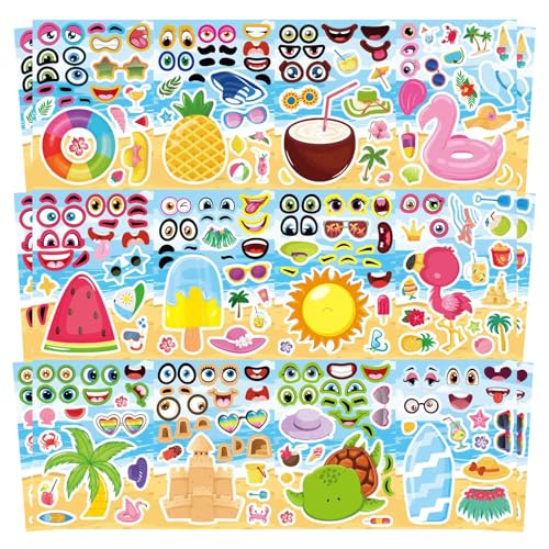 24 Sheets Summer Stickers for Kids, Make a Face Sticker Hawaii Tropical Pool Beach Stickers, Make Your Own Watermelon Pineapple Flamingo Sticker for Tropical Luau Party, Summer Holiday Party Favors - style: Summer