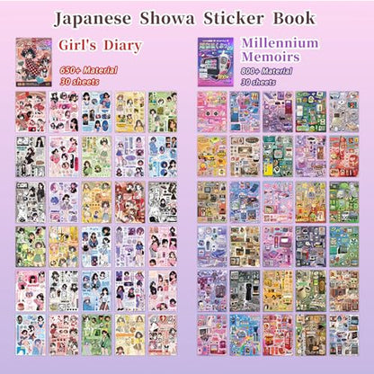 2-in-1 Japanese Sticker Set, 650+ Showa & 800+ Y2K Designs | Nostalgic retro graphics for creative projects, DIY cards, journals, scrap albums, vision boards, crafts, or gifts. - color: 2 in 1