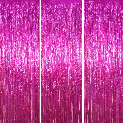 Voircoloria 3 Pack 3.3x8.2 Feet Pink Foil Fringe Backdrop Curtains, Tinsel Streamers Birthday Party Decorations, Fringe Backdrop for Graduation, Baby Shower, Gender Reveal, Disco Party - color: 03 Pink