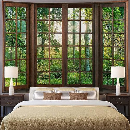 Aidatain Green Forest Natural Tapestry Window Scenery Wall Aesthetic Tapestry for Bedroom Flannel 80" L X 60" W Beach Blanket Living Dinning Room College Dorm Wall Hanging GTDJAT0052 - size: 80"L x 60"W
