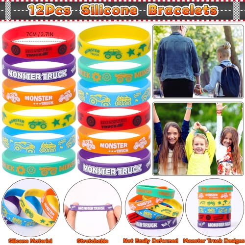 SNLN Monster Truck Party Favors Birthday Supplies for Boys Kids, Drawstring Bag Silicone Bracelet Keychain Tattoo Sticker Pinata Goodie Bag Stuffers Monster Truck Birthday Party Supplies Decor - style: Monster Truck