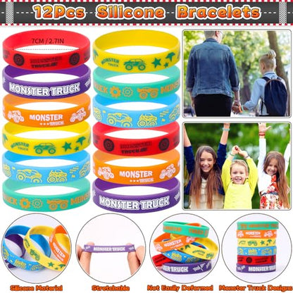 SNLN Monster Truck Party Favors Birthday Supplies for Boys Kids, Drawstring Bag Silicone Bracelet Keychain Tattoo Sticker Pinata Goodie Bag Stuffers Monster Truck Birthday Party Supplies Decor - style: Monster Truck