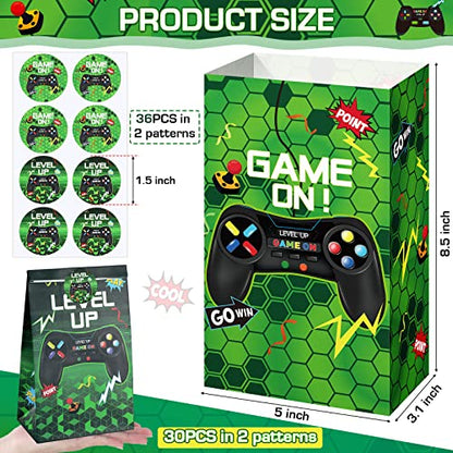 Geosar 30 Pack Video Game Party Favor Paper Bags Game on Goodie Candy Gift Bags with 30 Stickers Level up Reusable Goodie Treat Snacks Supplies for Boys Kids Gaming Birthday Party(Green) - color: Green