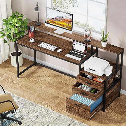 Tribesigns 63 Inch Computer Desk with File Drawer Cabinet, Ergonomic Office Desk with Monitor Stand, Industrial Computer Table with Printer Space, Wood PC Table Workstation Desk for Home Office - color: Rustic Brown