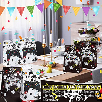 Geosar 30 Pack Video Game Party Favor Paper Bags Game on Goodie Candy Gift Bags with 30 Stickers Level up Reusable Goodie Treat Snacks Supplies for Boys Kids Gaming Birthday Party(White, Black) - color: White, Black