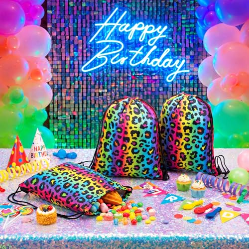 Yiyiring 16 Pcs Cheetah Drawstring Bags, Neon Leopard Gift Drawstring bags cheetah party favors decor for Theme Birthday Party Supplies (Neon Leopard) - style: Neon Leopard