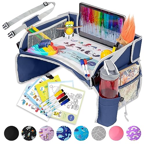 PILLANI Kids Travel Tray for Car - Toddler Travel Essential with iPad Holder & Dry Erase Board - Road Trip Essentials - Carseat Table - Toddler Lap Desk Organizer for Airplane - Kids Travel Essentials - color: Blue
