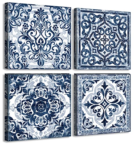 DJSYLIFE Bathroom Wall Decor Navy Blue Flower Paintings Canvas Prints Decoration Vintage Wall Art for Bedroom Framed Ready to Hang 12" Wx12 Hx4 pcs - color: Navy Blue