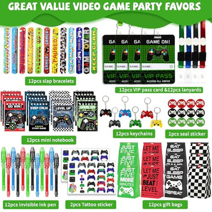 146 Pcs Video Game Party Favors, Gamer Party Favor -Ink Pen Notebook VIP Passes with Lanyards Slap Bracelets Keychains Bags Tattoo Stickers for Kids Gaming Party Favors Game On Birthday Partys Favor - style: Video Favor