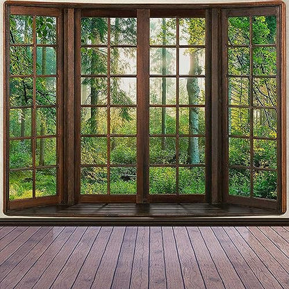Aidatain Green Forest Natural Tapestry Window Scenery Wall Aesthetic Tapestry for Bedroom Flannel 80" L X 60" W Beach Blanket Living Dinning Room College Dorm Wall Hanging GTDJAT0052 - size: 80"L x 60"W