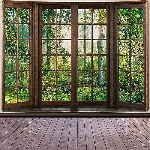 Aidatain Green Forest Natural Tapestry Window Scenery Wall Aesthetic Tapestry for Bedroom Flannel 80" L X 60" W Beach Blanket Living Dinning Room College Dorm Wall Hanging GTDJAT0052 - size: 80"L x 60"W