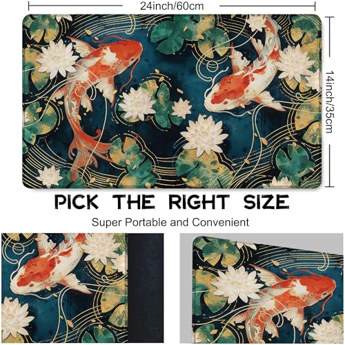 Playmat for MTG Lotus Leaves Koi Magic Play Mat 24x14 Inch Card Game Mat for Magic The Gathering TCG PTCG Playmat with Free Storage Bags Non-Slip Backing and Stitched Edge - color: Lotus Leaves Koi No With Zones