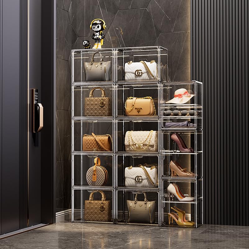 BOHOIDEE X-Large 2 Tiers 14.2"X10.6"X8" Acrylic Display Case with 1 Division Board, Clear Organizer Box Plastic Holder with Magnetic Door for Loungefly Backpack, Handbags, Purses, Boots - size: X-Large