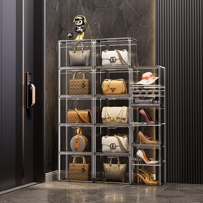 BOHOIDEE X-Large 2 Tiers 14.2"X10.6"X8" Acrylic Display Case with 1 Division Board, Clear Organizer Box Plastic Holder with Magnetic Door for Loungefly Backpack, Handbags, Purses, Boots - size: X-Large