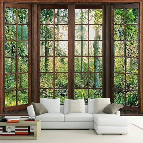 Aidatain Green Forest Natural Tapestry Window Scenery Wall Aesthetic Tapestry for Bedroom Flannel 100" L x 90" W Beach Blanket Living Dinning Room College Dorm Wall Hanging GTDJAT0094 - size: 100"L x 90"W