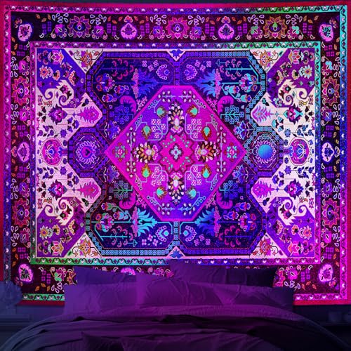 Apdidl Blackligt Boho Hippie Wall Tapestry for Bedroom Aesthetic, Glow in The Dark Neon Indian Bohemian Mandala Tapestries, UV Reactive Purple Floral Blanket Vertical Wall Hanging for Living Room 51" X 60" - color: Blacklight Boho tapestry, size: 60"L x 5