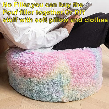 Asuprui Pouf Ottoman Unstuffed Round Bean Bag Poof Ottoman Seat Soft Faux Fur Footrest Stool 20x20x12 Inches Fuzzy Chair Floor Chair Foot Rest with Storage for Living Room Bedroom Rainbow Pouf Cover - color: Rainbow