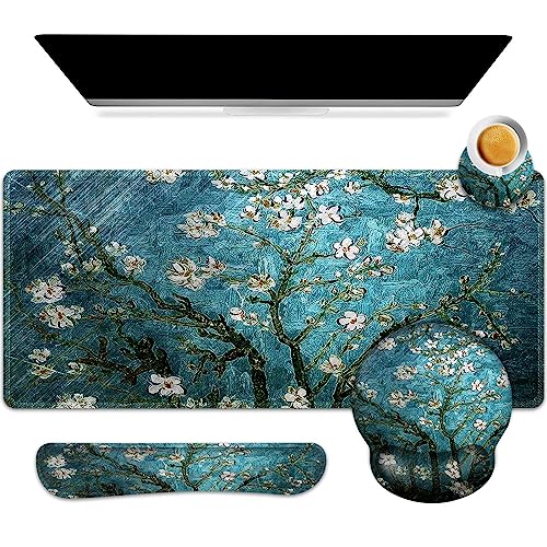 ARTSO Desk Mat, Large Gaming Mouse Pad Wrist Support Set, Ergonomic Keyboard Wrist Rest Desk Pad with Coaster Combo, Extended Mousepad with Non-Slip for Home Office, Blue Van Gogh Painting - color: Blue Van Gogh Painting