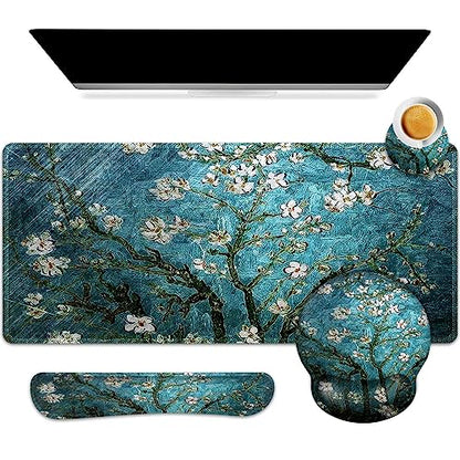 ARTSO Desk Mat, Large Gaming Mouse Pad Wrist Support Set, Ergonomic Keyboard Wrist Rest Desk Pad with Coaster Combo, Extended Mousepad with Non-Slip for Home Office, Blue Van Gogh Painting - color: Blue Van Gogh Painting