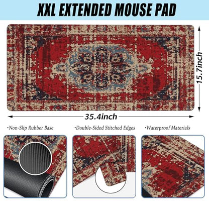 Desk Mat,Boho Carpet Style Large Gaming Mouse Pad for Desk XXL,Bohemian Rug Desk Pad,Extended Big Computer Keyboard Mouse Pad with Non-Slip Base and Stitched Edges 35.4"x15.7" - color: Boho Carpet Style-2, size: XXL-35.4"x15.7"