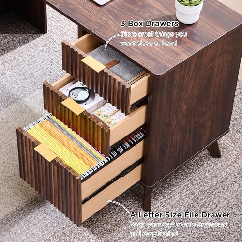 T4TREAM 60'' Fluted Executive Desk with Drawers, Modern Home Office Computer Desk with Charging Station, Keyboard Tray, File Drawer and Storage Cabinet for Study, Living Room, Bedroom, Dark Walnut - color: Dark Walnut