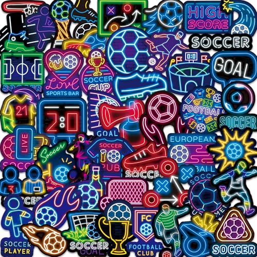 DETICKERS Neon Soccer Stickers for Soccer Fans Boys Water Bottles 50 PCS Waterproof Vinyl Sports Stickers Team Gifts - style: Neon Football