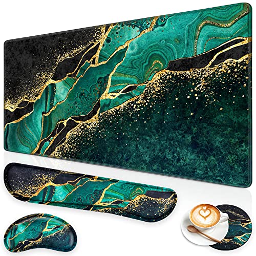 Canjoy Gaming Mouse Pad Set, 4-in-1 XXL Large Mouse Pad + Keyboard Wrist Rest Support+ Coaster, (35.4×15.7 in) Extended Desk Pad Memory Foam Non-Slip Desk Mat for Home Office - color: Dark Green Gold Marble