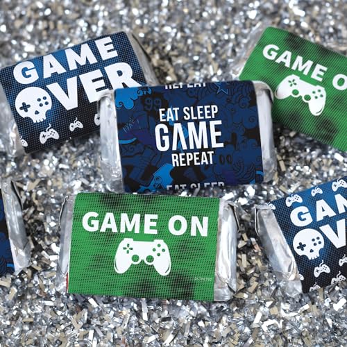 Gamer Birthday Party Favors, Video Game Birthday Mini Candy Bar Wrappers - 42 Stickers - color: Mini Candy Bar Sticker