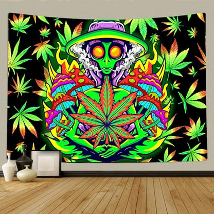 Xiaoput Blacklight Weed Tapestry for Bedroom, UV Reactive Black Light Cool Alien Posters for Adults, Marijuana Glow in the Dark Trippy Tapestry for Men Men Room Bedroom Gaming Decor 40X30IN - size: 40"L x 30"W