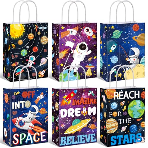 MotiMind 24 Pcs Outer Space Party Bags Outer Space Party Favors Bags with Handle Outer Space Paper Candy Treat Goodie Bag for Birthday Holiday Party Decorations for Kids - style: Outer Space
