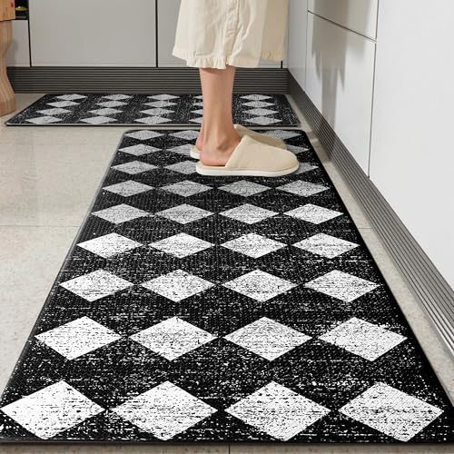 Black Moroccan Trellis Checkered Kitchen Rug Sets [2 PCs], Anti-Fatigue, Waterproof Non-Slip Kitchen Mats Heavy Duty Ergonomic Comfort Foam Rug for Floor, Home, Laundry,17"x29"+17"x47" - color: Trellis-black, size: 17.3"x29"+17.3"x47"-0.4"H