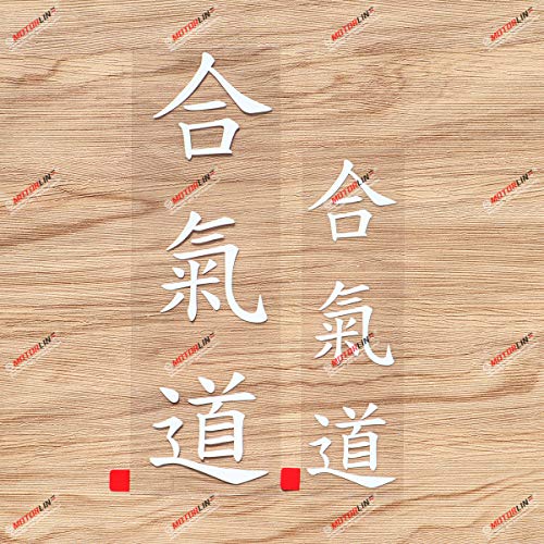 Aikido Kanji Chinese Japanese Combat Decal Vinyl Sticker - 2 Pack White, 6 Inches, 8 Inches - No Background for Car Boat Laptop