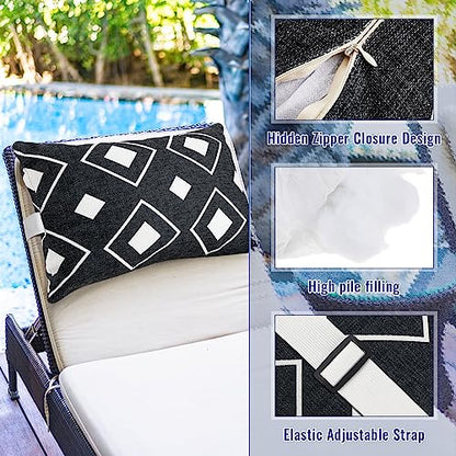 Juexica 2 Pack Chaise Lounge Pillow with Strap Outdoor Waterproof Beach Chair Neck Headrest Pillow Adjustable Elastic Band for Hammock Lumbar Recliner Pillows for Patio Pool Chair(White and Black) - style: White and Black