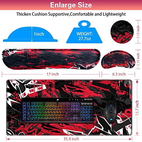 Canjoy Gaming Mouse Pad Set, 4-in-1 XXL Large Mouse Pad + Keyboard Wrist Rest Support+ Coaster, (35.4×15.7 in) Extended Desk Pad Memory Foam Non-Slip Desk Mat for Home Office - color: Black Red