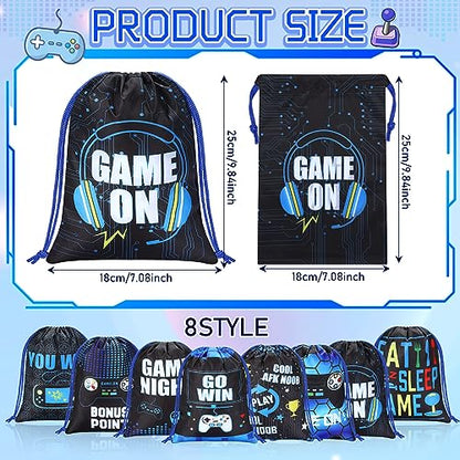 Faccito 16 Pieces Video Game Party Favors Bags 7 x 9.8 Inch Gaming Party Drawstring Bags Bulk Game Theme Goodie Candy Treat Gift for Boys Girls Birthday Supplies, 8 Styles(Blue)
