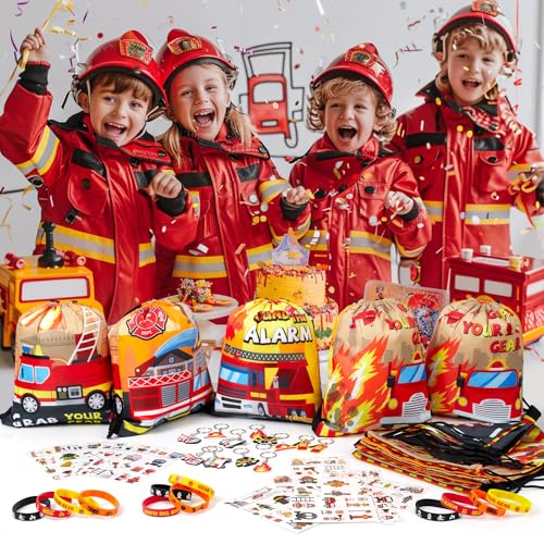 SNLN Fire Truck Party Favors Birthday Supplies, Firefighter Drawstring Bag Keychain Silicone Bracelet Tattoo Sticker, Firetruck Birthday Party Goodie Bag Stuffers Fillers Classroom Rewards for Kid - style: Fire Truck
