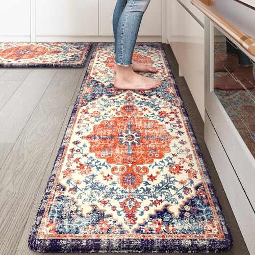 KIMODE Anti Fatigue Kitchen Mat, Boho Distressed Kitchen Rugs Sets of 2, Kitchen Floor Mats Non Slip Cushioned, Waterproof Standing Mat for Laundry, Office, Sink, Desk, Orange/Purple - color: Orange/Blue/Multi, size: 17.3" x 59"+17.3" x 29"--0.47 inches